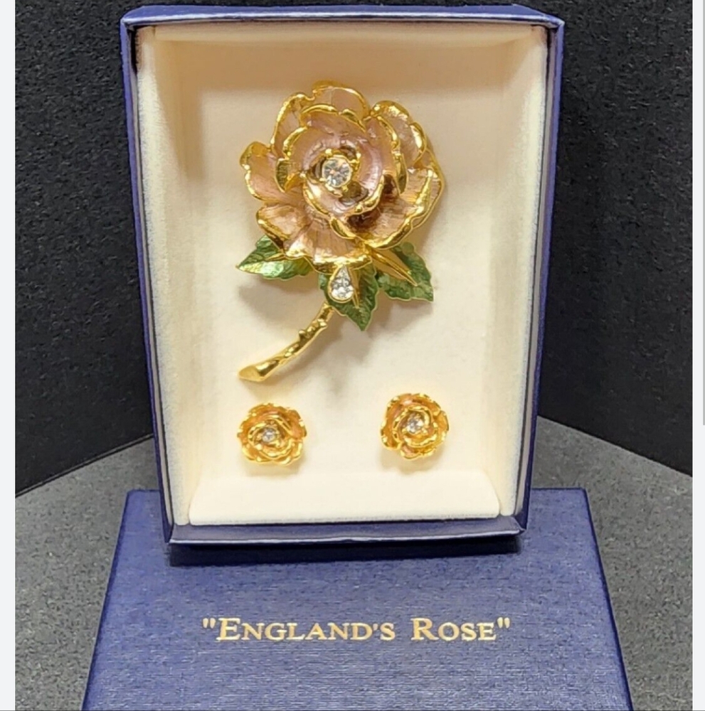 Vtg 1997 R.J Graziano Englands Rose Princess Diana Broach & Earrings Set NIB